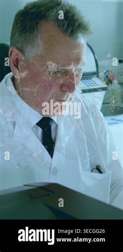 Spotting document labcoat scientist lowering gaze, math overlay growing, camera shifting, analyzing Stock Video Footage - Alamy
