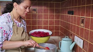 Woman puts mixed red currants with sugar in pan for preparation of delicious homemade marmalade, jelly, confiture , jam