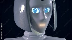 A female robot with blue digital eyes and a blinking mouth line. 4K. Stock Video