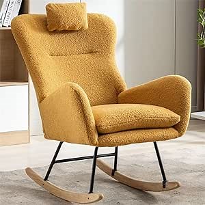 Rocking Chair Nursery, Modern Soft Teddy Fabric Glider Rocker with Padded Seat and High Backrest, Comfy Upholstered Wingback Accent Chair with Solid Wood Base for Living Room Bedroom,Yellow