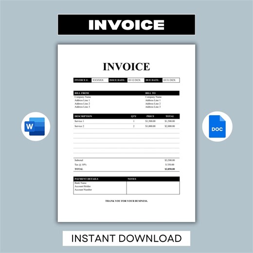 Invoice Template, Small Business Invoice, Professional Invoice, Freelancer Invoice: Google Docs & Microsoft Word - Etsy
