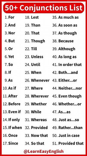 List of 50+ Conjunctions in English 🤔 Parts of speech