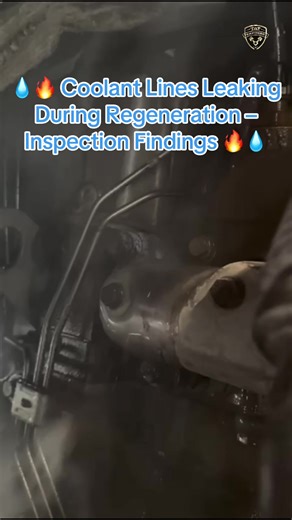 💧🔥 Coolant Lines Leaking During Regeneration – Inspection Findings 🔥💧 During testing, our specialist tech observed coolant lines leaking while the truck was performing a regeneration (regen). Regeneration causes exhaust and engine temperatures to rise significantly, which can expose weak points in the cooling system. When the engine enters regen, higher operating temperatures increase pressure in the cooling system. If coolant hoses, clamps, or connections are worn or weakened, leaks can beg
