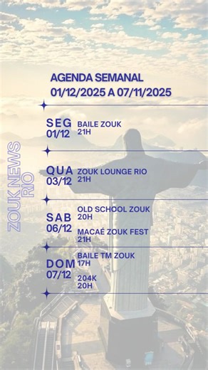 Zouk News Rio de Janeiro on Instagram: "🎉🎊Eventos da Semana🎉🎊 Segunda - 01/12 🪩 Baile Zouk - @bailezouk ⌚ 21h - 1h 📍 Rua do Lavradio, 202 - Lapa (Bar Arco-Ííris da Lapa) Quarta - 03/12 🪩 Zouk Lounge Rio - @zoukloungerio.oficial ⌚ 21h - 2:30 📍 Praça João Pessoa, 06 - Lapa (Easy Pub) Sábado - 06/12 🪩 Old school Zouk - @oldschool_zouk ⌚ 20h - 2h 📍 Avenida Gomes Freire, 197 - Lapa (Núcleo de Dança Renata Peçanha) 🪩 Macaé Zouk Fest - @souldance.macae ⌚ 21h 📍 Rua Teixeira de Gouveia, 1232 
