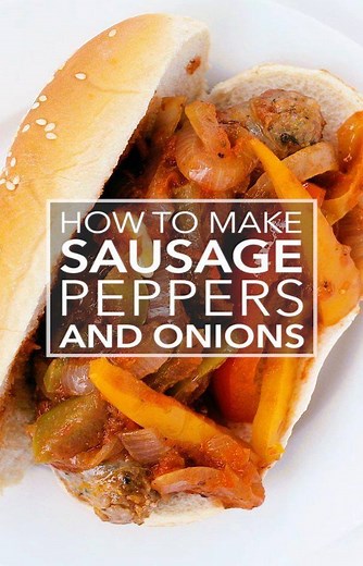 Sausage, Peppers and Onions! Italian sausages cooked with bell peppers, sweet onions, crushed tomatoes, and garlic. Served in a hoagie roll or over pasta or polenta. Full recipe here: https://www.simplyrecipes.com/recipes/sausage_peppers_and_onions/ . #simplyrecipes #dinner #sandwiches | Simply Recipes