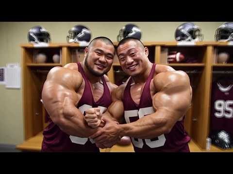 American football players complimenting each other's muscles in the locker room