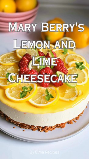 Mary Berry's Lemon and Lime Cheesecake 🍋🍈 A zesty and creamy cheesecake that combines the bright flavors of lemon and lime, perfect for any occasion. Ingredients: 100g (4oz) digestive biscuits 50g (2oz) butter, melted 1 tablespoon caster sugar Fresh raspberries, for decoration For the filling: 250g mascarpone cheese 375g full-fat condensed milk (1 can) Juice of 1 small lemon 3 tablespoons lemon curd Finely grated zest and juice of 2 limes Directions: Prepare the Base: In a food processor, crus
