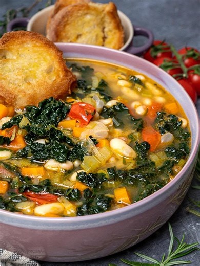 My Hearty Tuscan White Bean Soup is the only soup you need in your life, this Winter! It’s full of delicious herbs and hearty white beans, to not only keep you full, but also satisfied! Plus, it’s gluten-free and vegan, too. Prep this soup ahead of time or make it quickly when the craving strikes – destiny is in your hands! SERVES 6 SERVINGS INGREDIENTS 1/4 Cup Olive Oil extra virgin 1 Small Onion diced 2 Medium Shallots chopped 4 Cloves Garlic mashed 2 Carrots chopped into coins 2 Celery Stalks