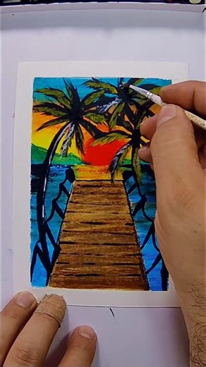 Easy Drawing Sunset Pier Escape | Acrylic, Oil Pastels & Masking Tape | Painting Art Tutorial