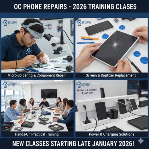 Master Mobile Repair in 2026! 📱💯📱📸🔋 ​Ready to level up your skills? OC Phone Repairs is launching our 2026 Cell Phone & Tablet Repair Classes. Whether you're a beginner or looking to master advanced micro-soldering, our hands-on training covers it all. ​What You'll Learn: ​Screen & Battery Replacements for the latest 2026 models. ​Water Damage Restoration techniques. ​Advanced Diagnostics and motherboard repair. ​Business Insights to run your own successful shop. ​Class Details: ​Location: 