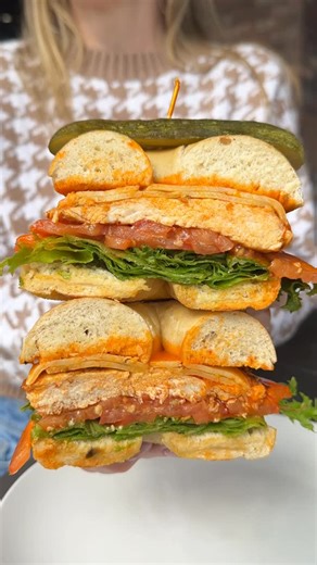 Chompie's on Instagram: "Day 3 of creating your dream bagel combinations, and it’s getting hot in here. 🔥 Meet our version of a Buff Chick Sandwich. Grilled chicken patty, buffalo, cream cheese, Pepper Jack cheese, lettuce, pickle, and tomato on a plain bagel. 🐔 Would you try this? Let us know! ⬇️ #Chompies"