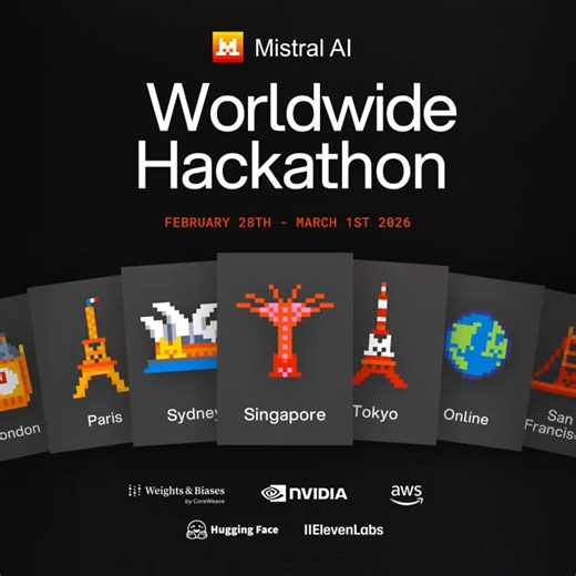 Exciting opportunity for builders, developers, and innovators worldwide! The Mistral AI Worldwide Hackathon is happening Feb 28 – March 1 across 7 global locations Online 🌍 👨‍💻 48 hours of intense hacking 👥 Teams of 1–4 people 🏆 $200K in prizes including: - Global Winner: $10,000 cash $15,000 Mistral credits hiring opportunities - Local prizes & special awards from sponsors like NVIDIA, AWS, Hugging Face & more Whether you join onsite in cities like Paris, London, NYC, or participate remote