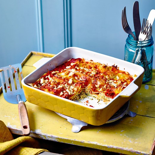 This lighter courgette and leek lasagne recipe has less than 300 calories per serving