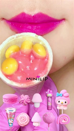 ASMR Doraemon Strawberry Pink Cone 🍓💗 This cone was so crunchy… it cracked, so I ate it very carefully （╹◡╹） #asmr #mukbang #eatingsounds #eating #satisfying #fyp