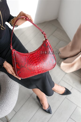 Red Python Leather Shoulder Bag - Exotic Snake Leather Baguette Purse - Etsy