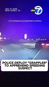 Dramatic footage released by the Splendora Police Department shows officers using a grappler tool to safely end a chase with a car that had children inside in Texas. Authorities describe the grappler as a “vehicle-mounted pursuit intervention device designed to safely disable fleeing vehicles by deploying a high-strength tethered net that entangles a rear tire,” which allows officials to bring a vehicle to a stop while “reducing the risk of serious injury or a high-speed collision.” | ABC7