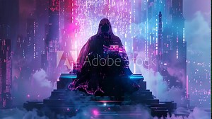 A figure sitting on a throne made entirely of outmoded technology surrounded by a hazy pixelated mist and flashing lights signifying their rule over the realm of weirdcore digital art.