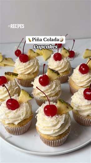 Recipes on Instagram: "Escape to a tropical paradise with these Piña Colada Cupcakes!🍍🥥 It’s the familiar flavors of the classic cocktail, baked into a light & fluffy cake, then topped with a smooth buttercream✨ Comment below if you would try this dessert!🍍 Recipe from: @cookingclassy #pinacoladacupcakes #pinacolada #cupcakes #pineapple #coconut #cake #buttercream #pineapplecoconut #tropicaldesserts #summerdesserts #cherries #summer"