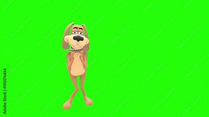 Scared nervous frightened fearful animated cartoon dog hound canine pooch mutt character stands shaking looking left and right in fear multiple times in front of green screen background