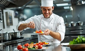 A smiling chef meticulously plates a colorful vegetable dish in a professional kitchen.
