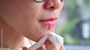 Footage of woman using tissue paper for cleaning and absorbing lymph from Herpes labialis occur on her lower lip. Herpes simplex virus is an infection that causes herpes.