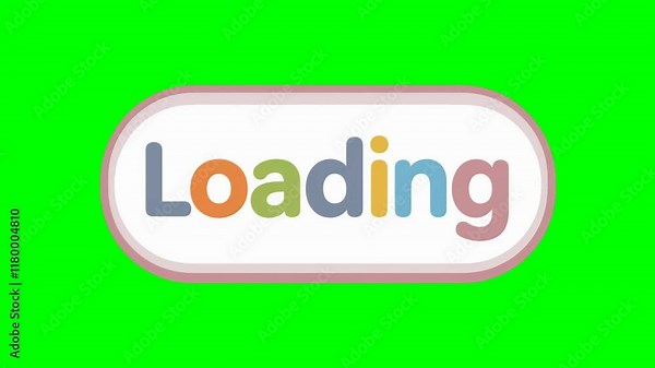 Animated "Loading" colorful text button for kids' videos, games, and app loading screens. Seamless loop video on a green screen background.