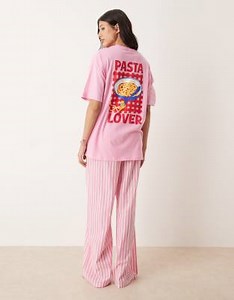 ASOS DESIGN Tall oversized tee and woven wide leg pants pajama set in pink pasta graphic | ASOS