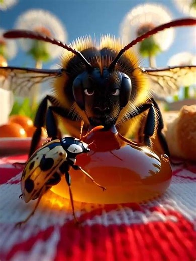 Honeybee and Ladybug Feeding on a Drop of Nectar - मधुमक्खी और लेडीबग अमृत की एक बूंद खा रहे हैं