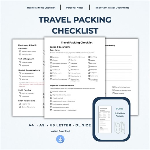 Travel Packing Checklist Printable PDF, Vacation Planner Digital Download, Trip Organizer, Travel Essentials List - Etsy