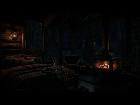 Autumn Rain Ambience | Cozy Cabin in the Forest, Fireplace & Falling Rain for Sleep & Relaxation