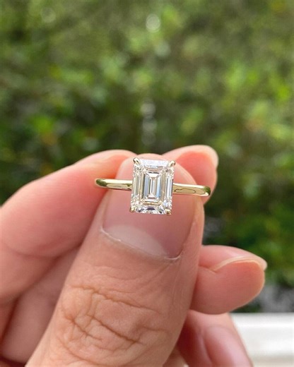 3 CT Emerald Cut Moissanite Engagement Ring Emerald Cut Solitaire Wedding Ring Colorless Emerald Cathedral Ring for Her 14K Yellow Gold Ring - Etsy