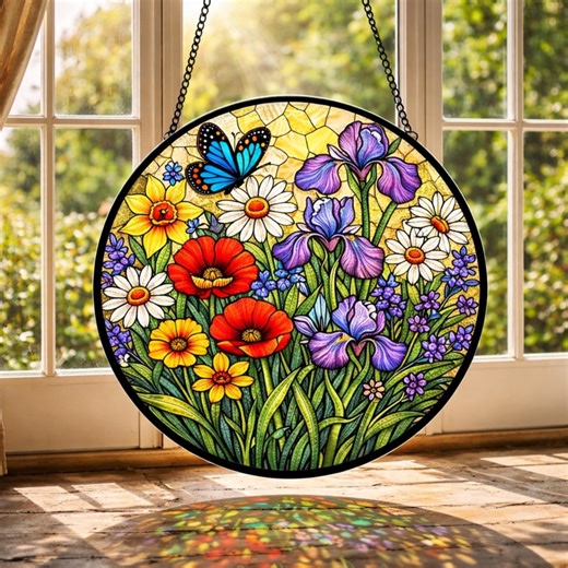 Stained Glass Butterfly Floral Suncatcher, Acrylic Window Hanging Decor - Etsy
