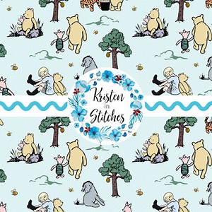 Winnie the Pooh Seamless Digital Paper Pattern Classic Storybook Sketches Blue
