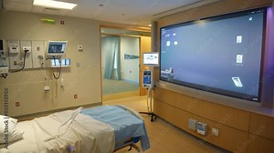 Hospital Room With TV on the Wall, Develop a room with interactive touchscreens for patients to communicate with nurses and control room settings