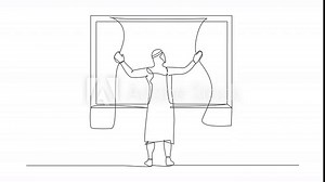 Self drawing animation of single one line draw Arab man opening window curtains. Wake up open curtains in morning to get fresh air. Male standing at windows. Continuous line draw. Full length animated
