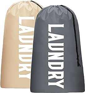 2 Pack XL Travel Laundry Bag, Machine Washable Dirty Clothes Organizer, Large Enough to Hold 4 Loads of Laundry, Easy Fit a Laundry Hamper or Basket (Khaki + Grey)