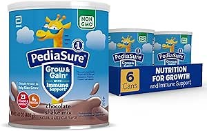 PediaSure Grow & Gain with Immune Support Shake Mix Powder, 23 Vitamins & Minerals, 6g Protein, Non-GMO, Gluten-Free, Kids Nutrition, Chocolate, 14.1 oz Can, Pack of 6-48 servings