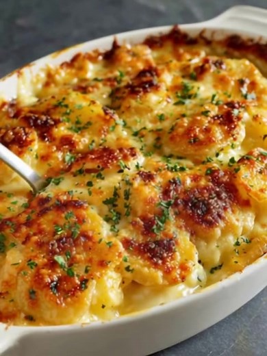 Ruth’s Chris Potatoes au Gratin Servings: 6–8 Time: 1 hour 10 minutes ✅ Ingredients 2 pounds russet potatoes, peeled and thinly sliced 1 cup heavy cream 1 cup whole milk 1 ½ cups shredded sharp cheddar cheese 1 cup grated Parmesan cheese 2 tablespoons butter 2 tablespoons flour 1 small onion, finely diced (optional but recommended) 2 garlic cloves, minced 1 teaspoon salt ½ teaspoon black pepper ¼ teaspoon nutmeg (optional, classic French flavor) Fresh parsley for garnish (optional) ✅ Instruction