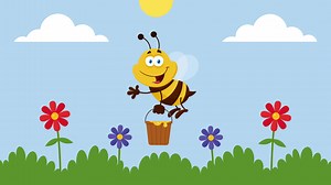 Download Bee Cartoon Character Flying With Bucket In The Garden. 4K Animation Motion Graphics With Landscape Background for free