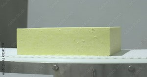 Block of cheese passes on conveyor belt food processing production factory