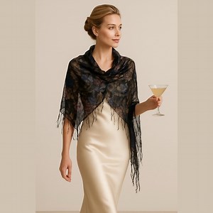 80s SILK FLORAL BOHO SCARF SHAWL W SEQUIN ACCENTS & BLACK FRINGE SZ 40 " X  43"