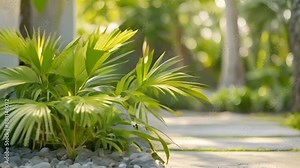 Saw Palmetto plant growing in front yard of a home. Concept Gardening, Landscaping, Florida Plants, Native Species, Front Yard Decor