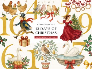 12 Days of Christmas Clipart, Vintage Victorian Twelve Day Clip Art Graphics, Xmas Holiday Watercolor Printables, Commercial Use PNG DIGITAL - Etsy Australia
