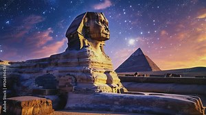 The Sphinx near the Great Pyramids of Giza at night. Watch as the moon light transforms these ancient wonders, highlighting their timeless majesty.