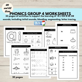 Phonics Group 4 Worksheets, AI J IE OA EE Letter Sounds, CVC Words, Blending,