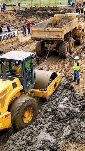 Roller vs Dump truck test power #mudchallenge #heavymachinery #machinepower #viralshorts #fyp