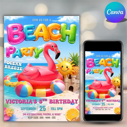 Beach Party Birthday Invitation, Beach Party Invitation, Birthday Summer Party Invitation, Pool Party Invite, Ocean Theme, DIY in Canva