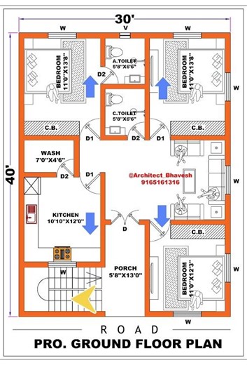 House Plan 30X40, designed by @architect_bhavesh, can be reached at +91-9165161316