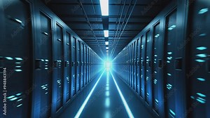 A futuristic server room with long rows of high-tech servers illuminated by cool blue lights. The image portrays a sense of advanced technology, data storage, and the digital infrastructure.
