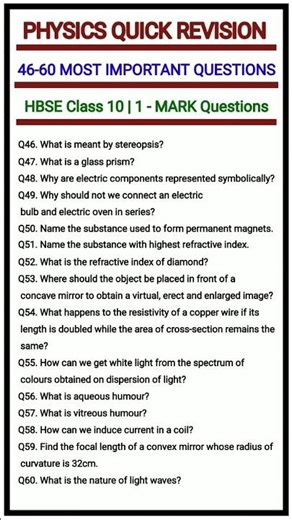 HBSE Class 10 Physics 1 Mark Important Questions 2026 | Haryana Board Physics Quick Revision